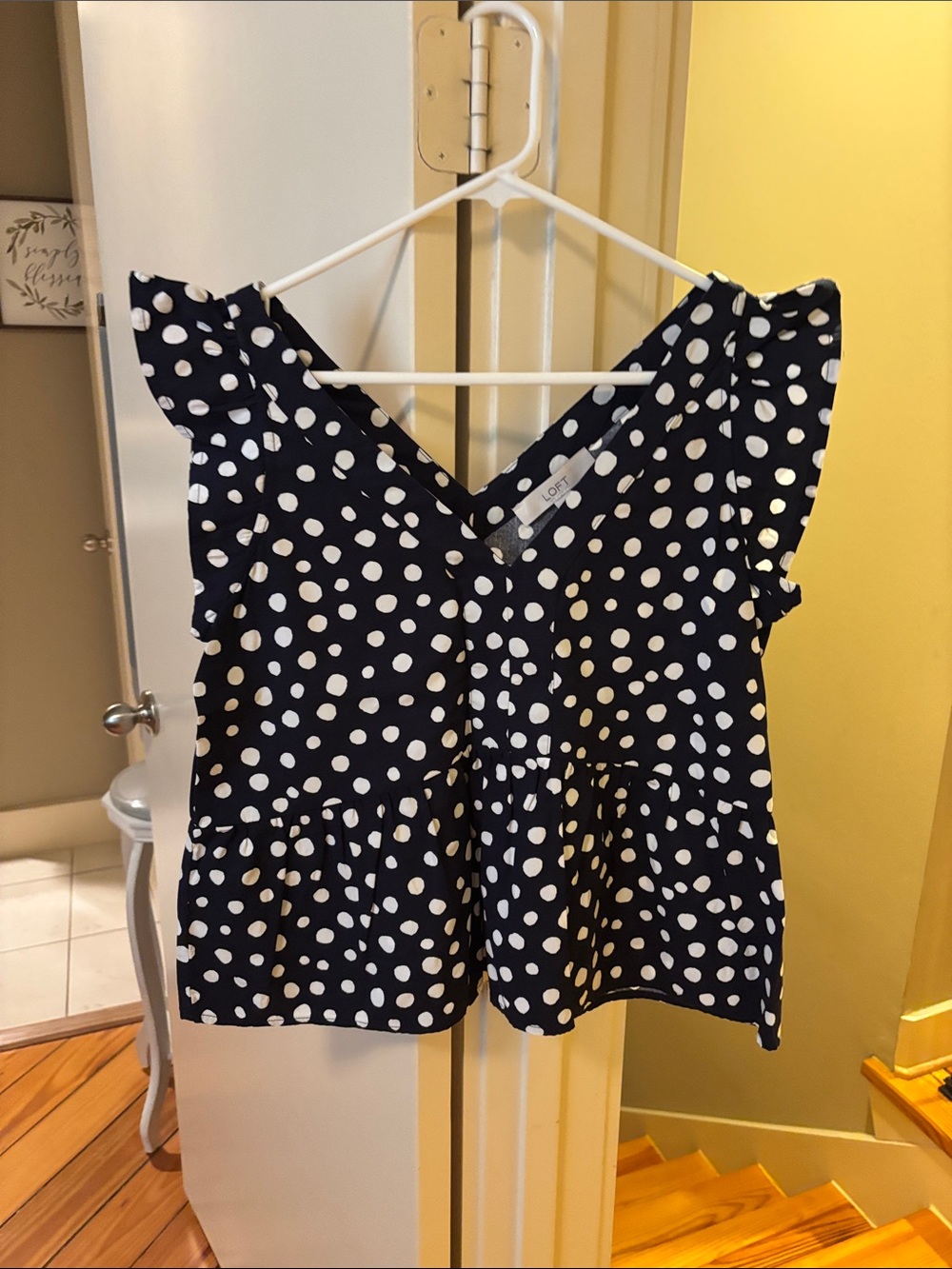 LOFT Navy and White Polka Dot Flutter Sleeve V-Neck Top